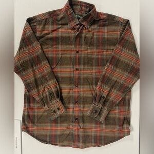Orvis Luxury Cotton Merino Long Sleeve Brown Red Plaid Flannel Shirt Men Large